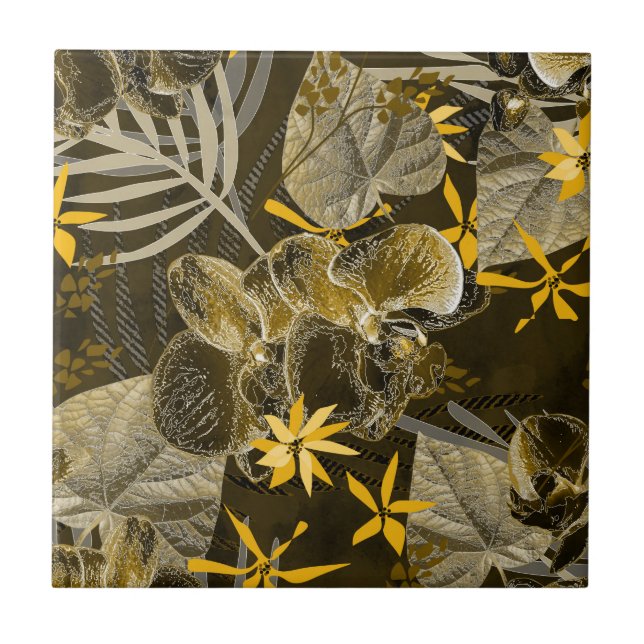 Wasserfarbenes blumengelb-braunes Muster. Fliese (Vorderseite)