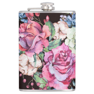Wasserfarbenes Blumenherz: Vintage Rose. Flachmann