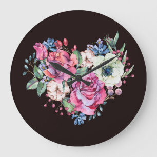 Wasserfarbenes Blumenherz: Vintage Rose. Große Wanduhr