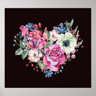 Wasserfarbenes Blumenherz: Vintage Rose. Poster