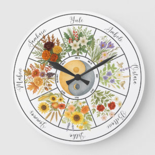 Wasserfarbenes Blumenrad des Jahres Pagan Wicca Große Wanduhr