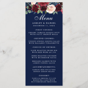 Wasserfarbenes florales Burgundy Wedding Menu Blau Menükarte