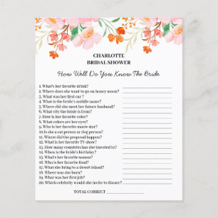 Wasserfarbenes florales Hochzeitsdusche-Quiz Flyer