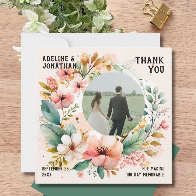 Wasserfarbenes Foto Hochzeitsflat Dankeskarte (Von Creator hochgeladen)