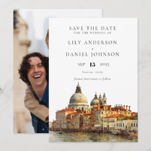 Wasserfarbenes Fotohochzeit mit Blick auf Venedig Save The Date