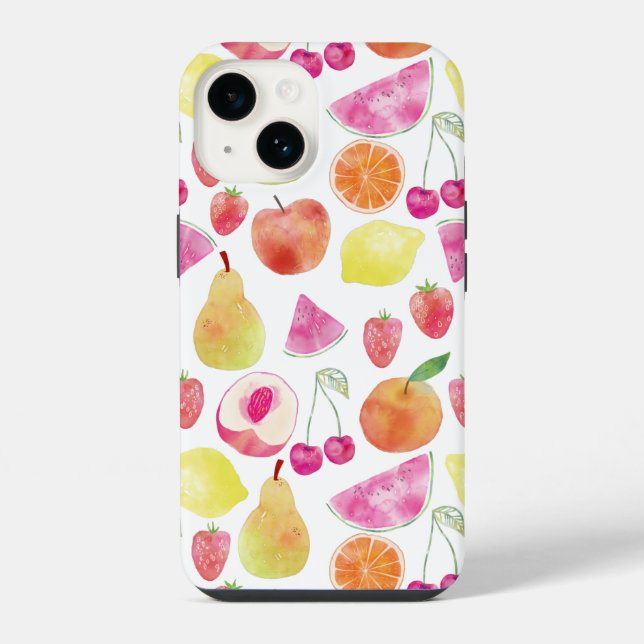 Wasserfarbenes Fruchtmuster iPhone 14 Hülle (Rückseite)