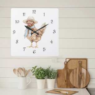 Wasserfarbenes Frühlingshuhn in Hat Country Kitche Quadratische Wanduhr