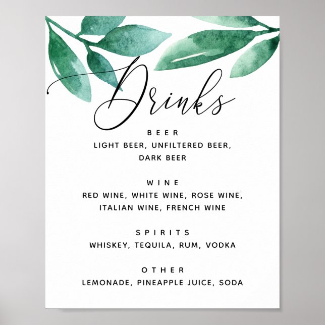 Wasserfarbenes Grün botanische Hochzeitsgetränke B Poster (Vorne)