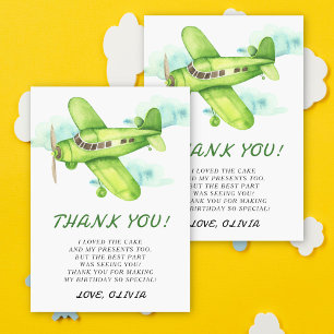 Wasserfarbenes grünes Flugzeug Geburtstags-Dankesc Dankeskarte