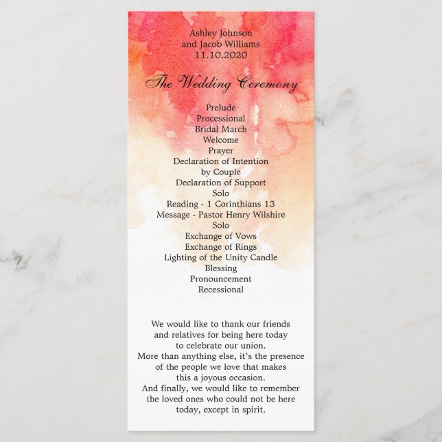 Wasserfarbenes Hochzeitsprogramm. Zeremonie Programm (Vorderseite)