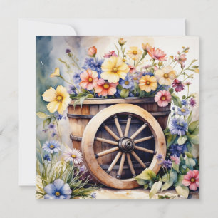 Wasserfarbenes Holzrad mit Gartenbau-Blume Karte