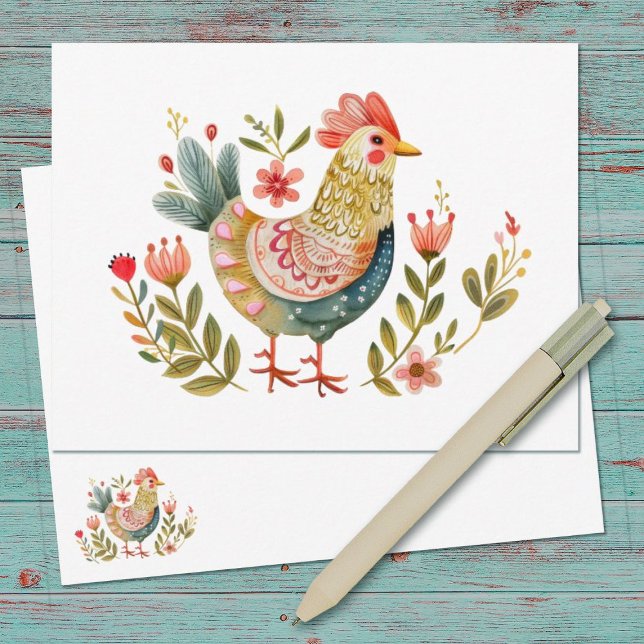 Wasserfarbenes Hühnchen Mitteilungskarte (A pretty farmhouse watercolor folk art chicken notecard)