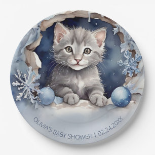Wasserfarbenes kleines Kätzchen Winter Babydusche Pappteller