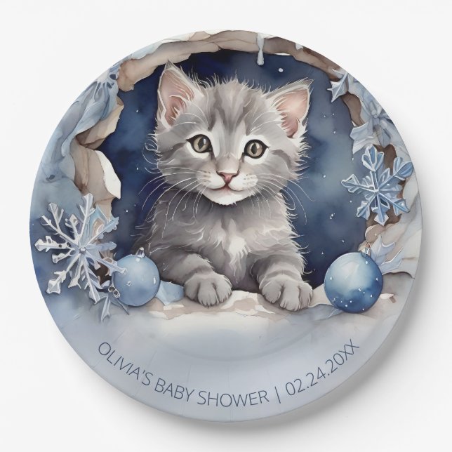 Wasserfarbenes kleines Kätzchen Winter Babydusche Pappteller (Vorderseite)