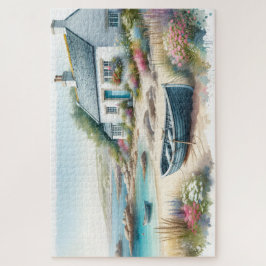 Wasserfarbenes Küstenhaus-Seescene