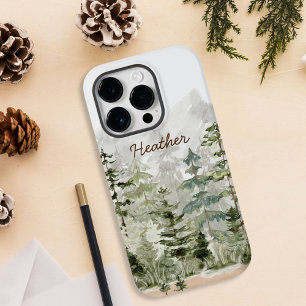 Wasserfarbenes Monogramm grüner Kiefernwald auf de iPhone 14 Pro Hülle