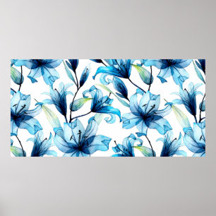 Wasserfarbenes nahtloses Muster mit blauen Lilien Poster