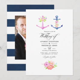 Wasserfarbenes Nautical Themed Floral Wedding Foto Einladung