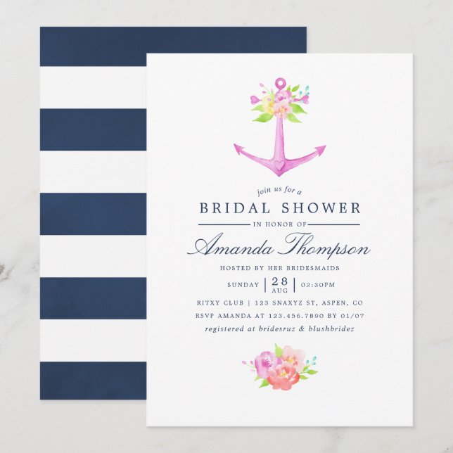 Wasserfarbenes nautisches Themed Floral Brautparty Einladung (Vorne/Hinten)