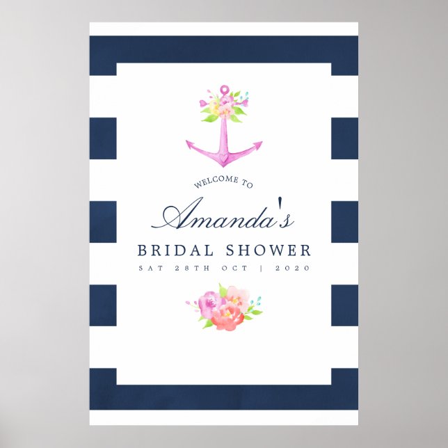 Wasserfarbenes nautisches Themed Floral Brautparty Poster (Vorne)
