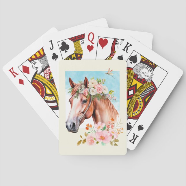 Wasserfarbenes Pferd und Blume Kunst, Dichtung und Spielkarten (Rückseite)