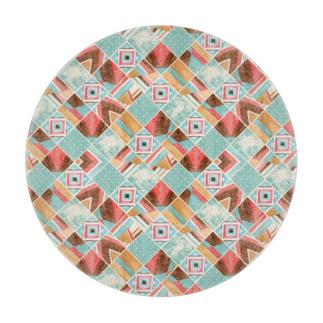 Wasserfarbenes Quadrat, geometrischer Patchwork-Hi Schneidebrett (Vorderseite)