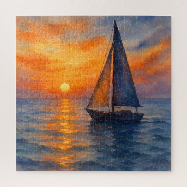 Wasserfarbenes Sailboat Serene Ocean Sunset Nautic (Vertikal)