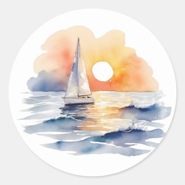 Wasserfarbenes Sailboat Sunset Seascape Gastgesche Runder Aufkleber (Vorderseite)