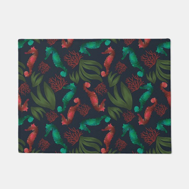 Wasserfarbenes Seepferd Blaues Wassermuster Fußmatte (Vorderseite)