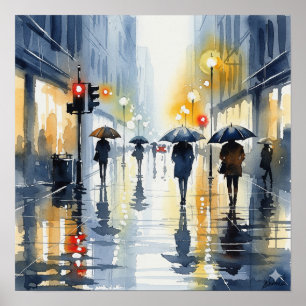 Wasserfarbenes Stadtbild in Regen Poster
