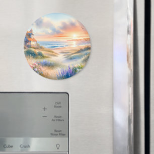 Wasserfarbenes Strandhaus-Sonnenuntergang-Dünen Magnet