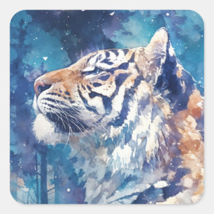 Wasserfarbenes Tigerprofil in Sternennacht Quadratischer Aufkleber