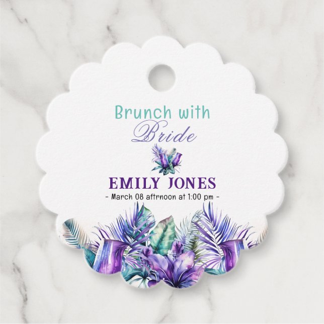 Wasserfarbenes tropisches Brunch mit lila Blumenko Geschenkanhänger (Vorderseite)