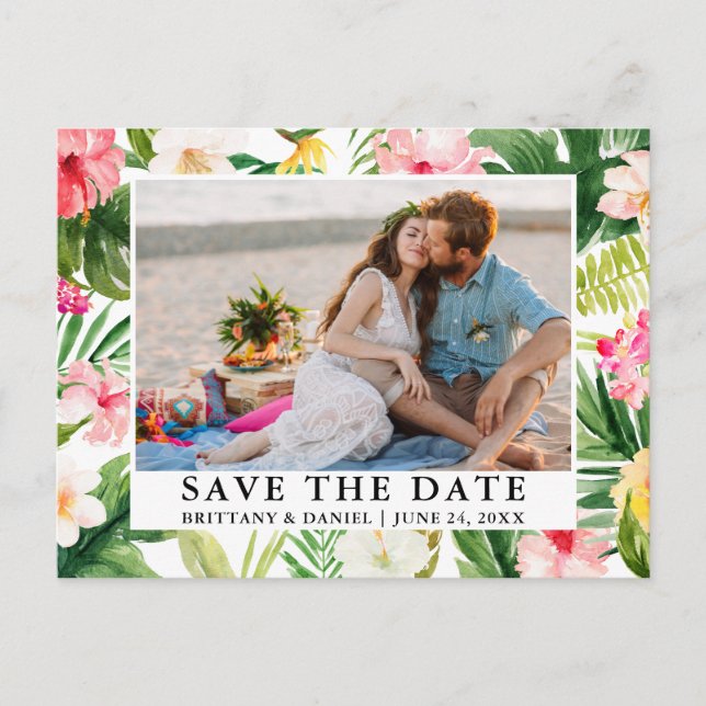 Wasserfarbenes tropisches Foto Save the Date Postkarte (Vorderseite)