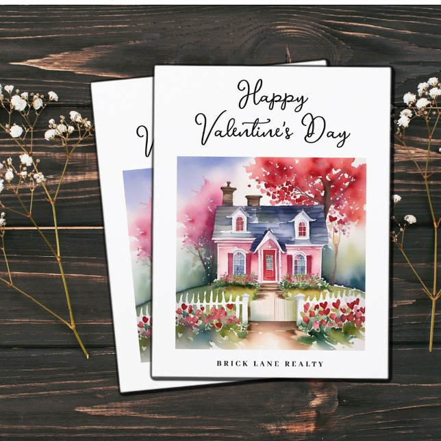 Wasserfarbenes Valentinstag Anwesen Feiertagspostkarte (Watercolor Valentine's Day House Real Estate Holiday Postcard)