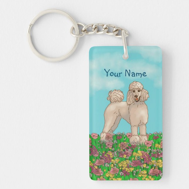 Wasserfarbenes weißes Poodle mit Blume Schlüsselanhänger (Vorderseite)