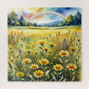 Wasserfarbenes Wildblumenfeld mit Regenbogen