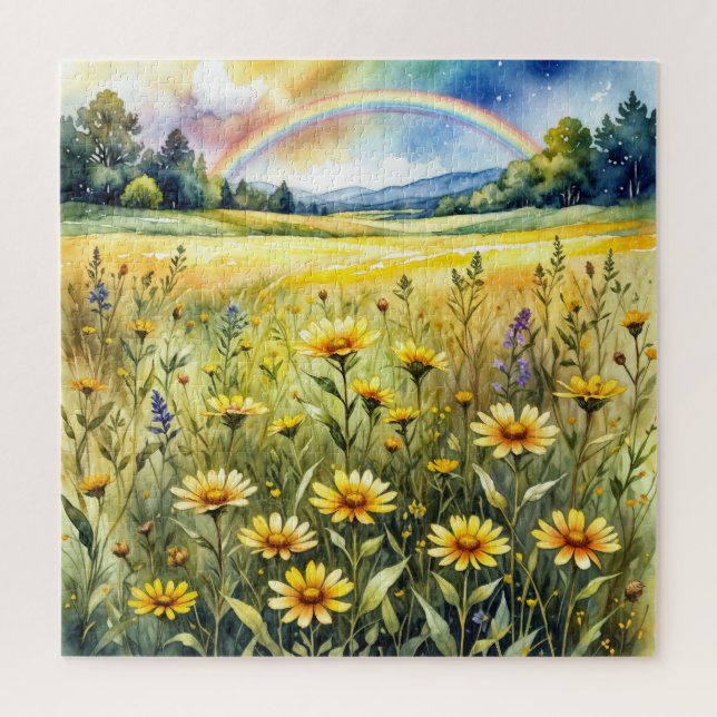 Wasserfarbenes Wildblumenfeld mit Regenbogen (Vertikal)