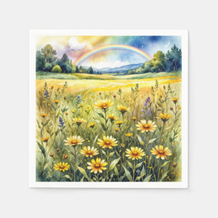 Wasserfarbenes Wildblumenfeld mit Regenbogen Serviette
