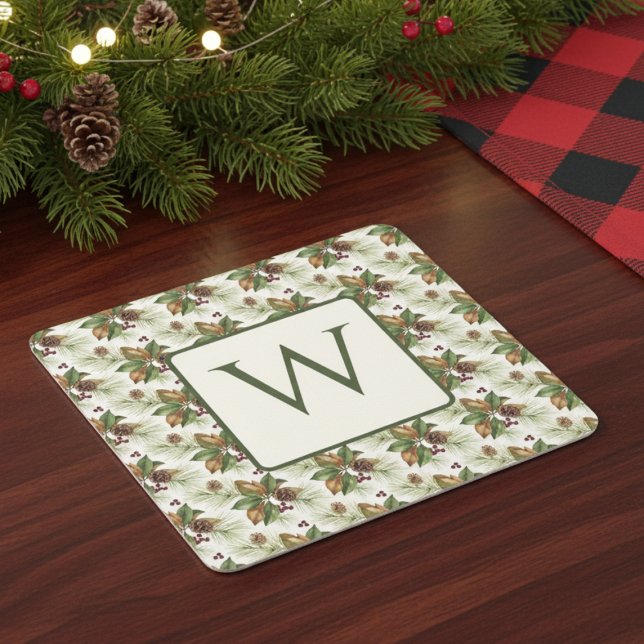 Wasserfarbenes Winter-Botanik-Muster Rechteckiger Pappuntersetzer (Holiday monogram drink coaster)
