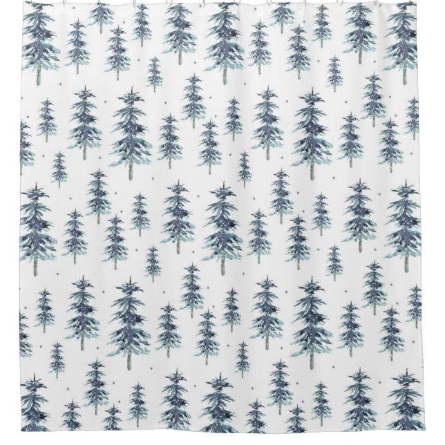 Wasserfarbenes Winterpine-Baumuster Duschvorhang (Vorderseite)