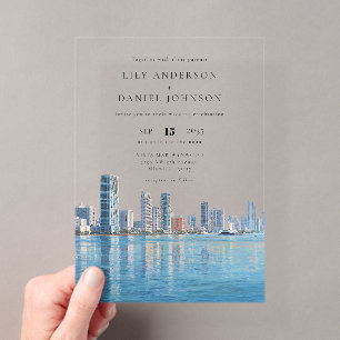 Wasserfarbenes Ziel-Hochzeit in Miami Skyline Acryleinladungen
