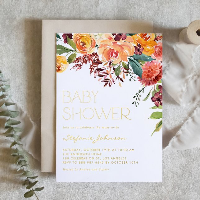 Wasserfarbenfall Floral Bouquet Babydusche Folieneinladung (Custom Fall Baby Shower Invitation with Watercolor Florals, Greenery, and Gold Foil Text)