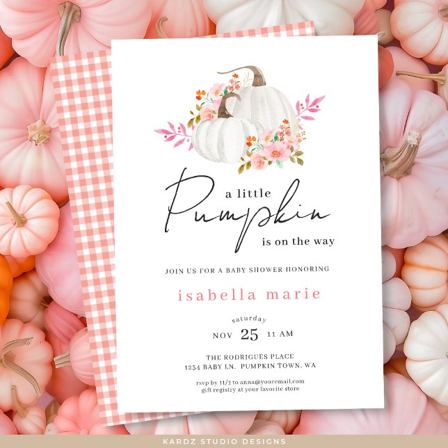 Wasserfarbenfall Floral Kleine Pumpkin Babydusche Einladung (Invite shown in 5 x 7 inches, choose size, paper, and corner style.)