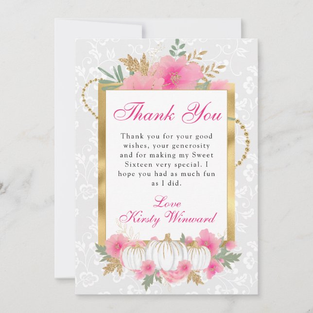 Wasserfarbenfall Pink Gold Floral Pumpkin Sweet 16 Dankeskarte (Vorderseite)
