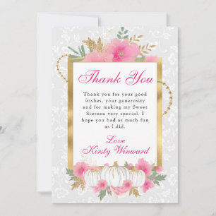 Wasserfarbenfall Pink Gold Floral Pumpkin Sweet 16 Dankeskarte