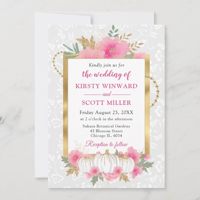 Wasserfarbenfall Pink & Gold Kürbiskürbis Hochzeit Einladung (Vorderseite)
