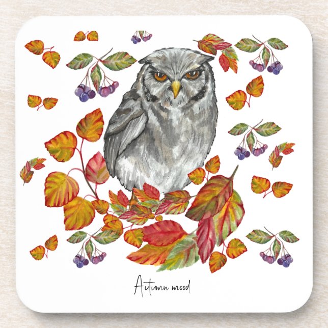 Wasserfarbenfall schöne Eule und Blätter Getränkeuntersetzer (Vorderseite)