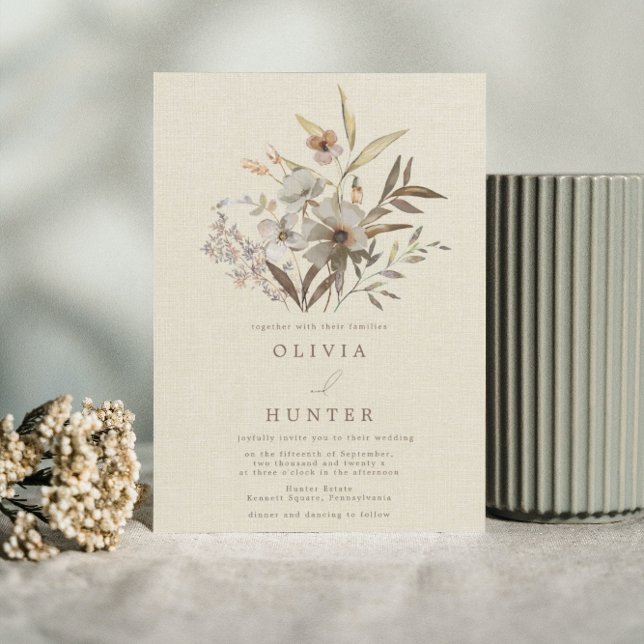 Wasserfarbenfall Wildblumen Imitate Linen Hochzeit Einladung (Von Creator hochgeladen)