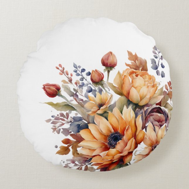 Wasserfarbenfallen BlumenWeißkopfkissen Rundes Kissen (Vorderseite)